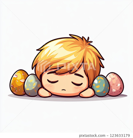Cute chibi character lying on ground, tired with colorful Easter eggs 123633179