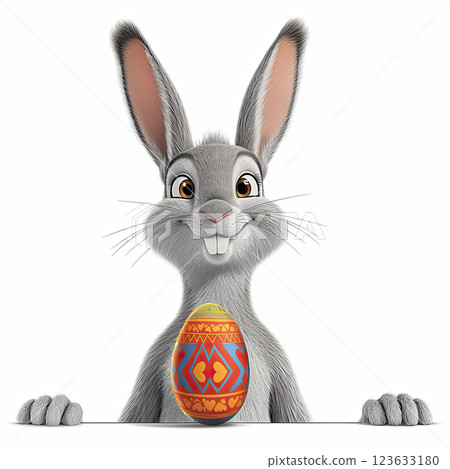 Easter bunny holding decorated egg, cheerful and playful expression 123633180