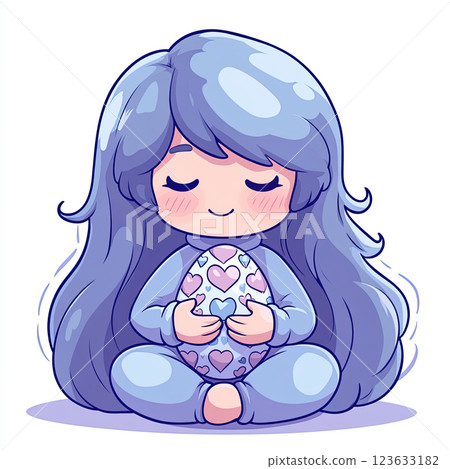 Cute chibi character with blue hair holding decorated egg, expressing joy Cute chibi character with blue hair holding decorated egg, expressing joy 123633182