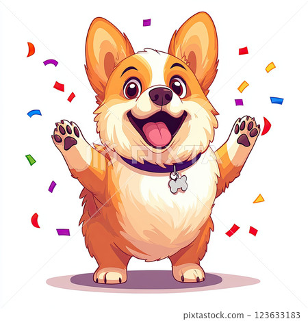 Excited dog celebrating project success with colorful confetti around Excited dog celebrating project success with colorful confetti around 123633183