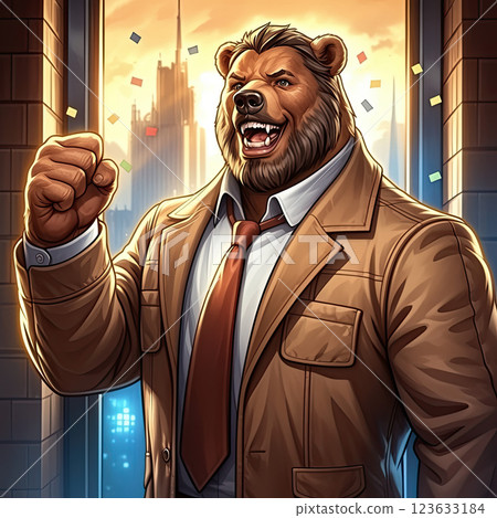 Excited bear in suit celebrating project success with joy and enthusiasm Excited bear in suit celebrating project success with joy and enthusiasm 123633184