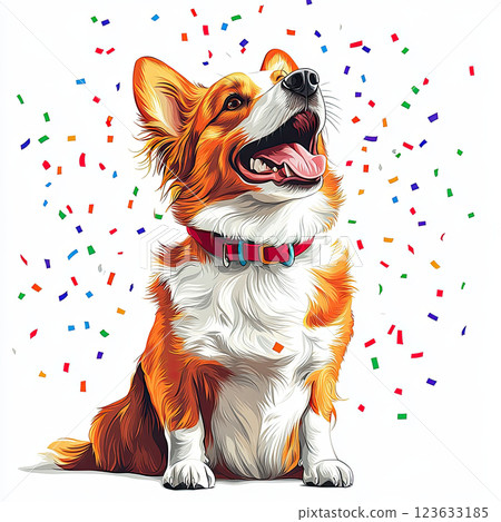Excited dog celebrating with colorful confetti in joyful atmosphere Excited dog celebrating with colorful confetti in joyful atmosphere 123633185