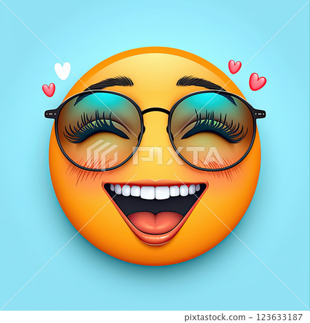 Joyful emoji with glasses, smiling widely, expressing happiness and love Joyful emoji with glasses, smiling widely, expressing happiness and love 123633187