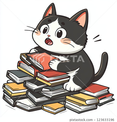 Cute cat struggling with pile of colorful books in office setting 123633196