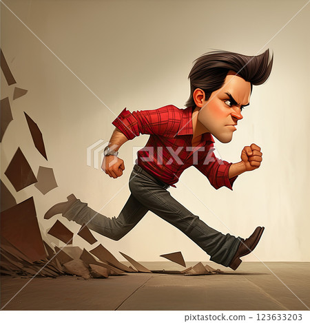 Furious chibi style character running with determination and tiny fists raised 123633203