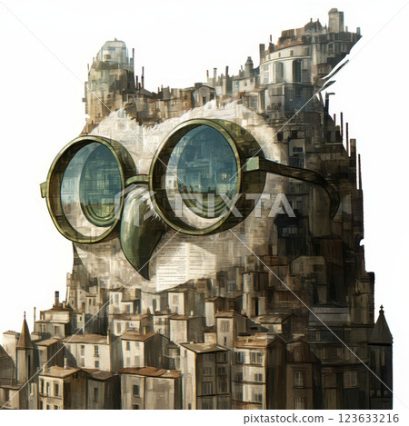 whimsical owl with glasses, embodying cityscape, symbolizes wisdom and knowledge 123633216