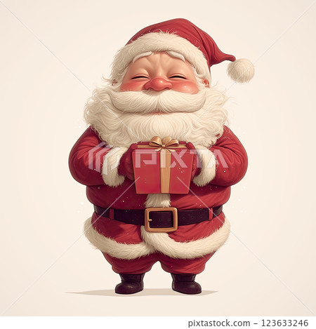 Cute chibi Santa holding gift box, smiling joyfully and spreading cheer Cute chibi Santa holding gift box, smiling joyfully and spreading cheer 123633246