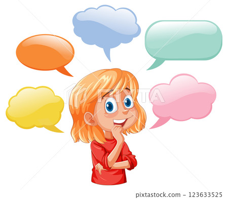 Thoughtful Girl with Colorful Speech Bubbles 123633525