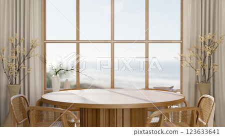 The set of a wooden round table with chair place beside the large wall window and flower vases. 123633641
