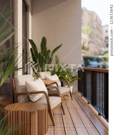 The armchairs and table place on the wooden floor balcony, with nature view and sunlight shine upon. The armchairs and table place on the wooden floor balcony, with nature view and sunlight shine upon. 123633642
