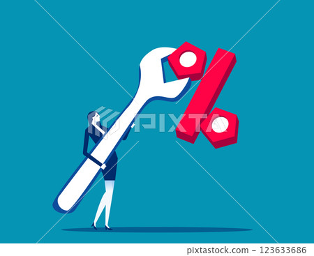 Businesswoman tightens the nuts in the shape of a percent sign with a wrench. Business vector concept Businesswoman tightens the nuts in the shape of a percent sign with a wrench. Business vector concept 123633686