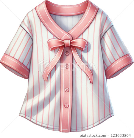 Elegant and Feminine Striped Baseball Style Jersey with Delicate Pink Bow and Buttons 123633804