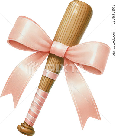 Elegant Pink Satin Ribbon Bow on Wooden Baseball Bat Elegant Pink Satin Ribbon Bow on Wooden Baseball Bat 123633805