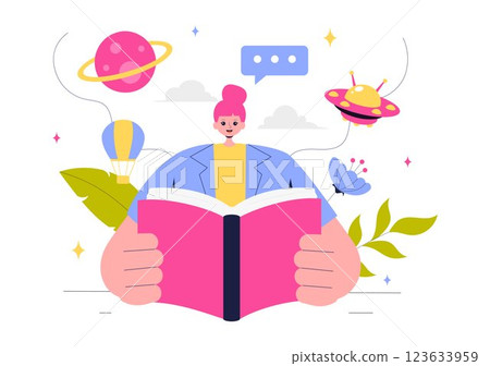 Storytelling Vector Illustration featuring Conveying a Story Through Various Media from Reading Books to Copywriters Creating Content for Social Media 123633959