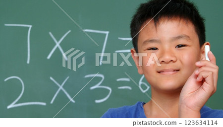 Front view of Asian schoolboy standing against chalkboard and showing chalk in classroom 123634114