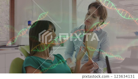 Image of dna strands over diverse female dentist and patient Image of dna strands over diverse female dentist and patient 123634131