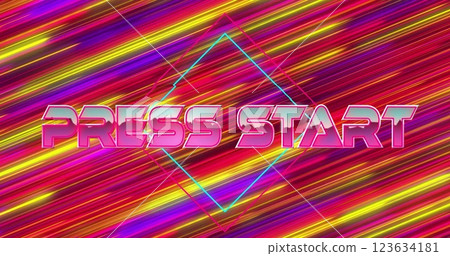 Image of press start text over neon pattern background 123634181