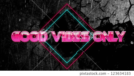 Image of good vibes only text over neon pattern background 123634183