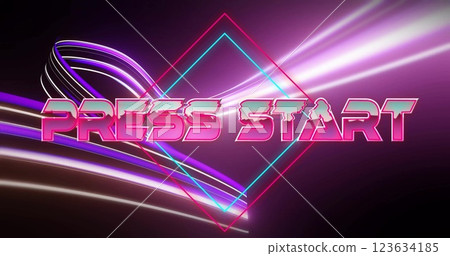 Image of press start text over neon pattern background 123634185