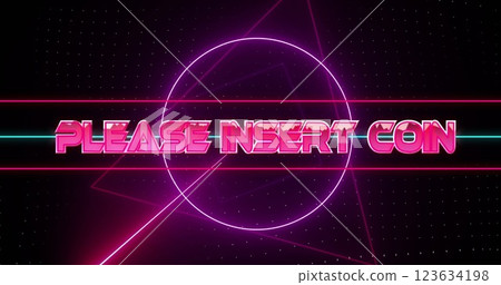 Image of please insert coin text over neon pattern background Image of please insert coin text over neon pattern background 123634198