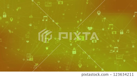 Image of network of connections with icons on orange background 123634211