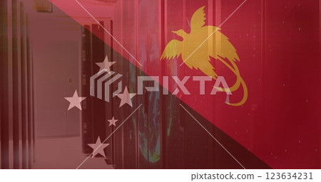 Image of flag of papua new guinea over server room 123634231