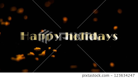 Image of happy holidays text over yellow rocks falling 123634247