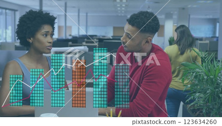 Image of financial data processing over diverse business people in office Image of financial data processing over diverse business people in office 123634260