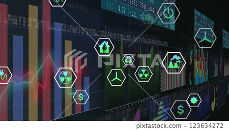 Image of network of eco icons and data processing 123634272
