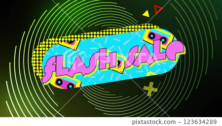 Flash Sale text with geometric shapes and patterns, image over green background Flash Sale text with geometric shapes and patterns, image over green background 123634289