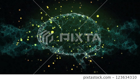 Neural network image with glowing particles over dark background 123634310