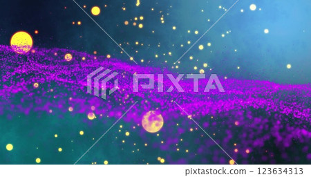Glowing particles and purple wave image over dark blue background 123634313