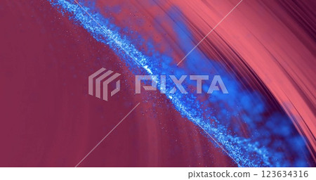 Blue particles forming wave patterns over red background, abstract image 123634316