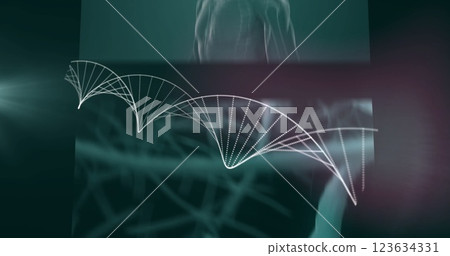 DNA strand image over scientific research visuals DNA strand image over scientific research visuals 123634331