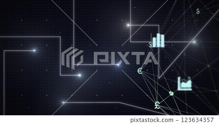 Currency symbols and data visualization image over dark grid background 123634357