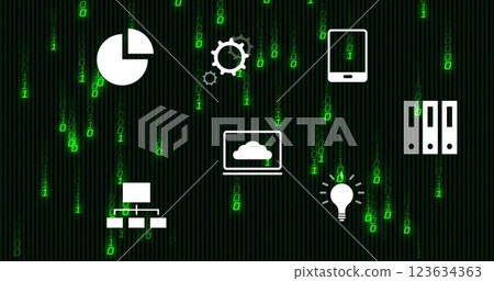Technology icons including pie chart and light bulb over binary code image Technology icons including pie chart and light bulb over binary code image 123634363