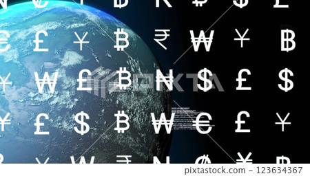Currency symbols image over rotating Earth in space 123634367