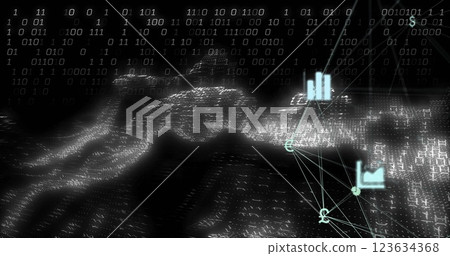 Binary code and financial symbols image over digital world map 123634368