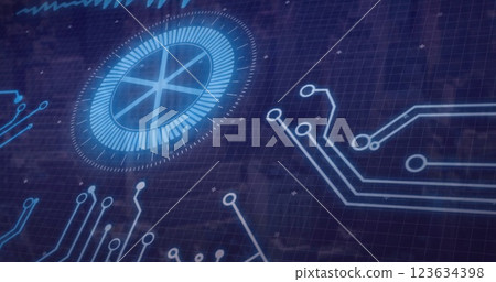 Digital circuit board and futuristic interface image over grid background Digital circuit board and futuristic interface image over grid background 123634398