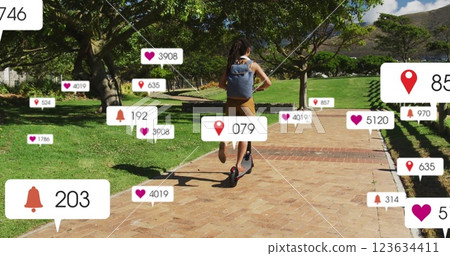 Social media notifications image over person riding scooter in park 123634411