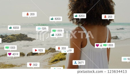 Social media notifications image over woman standing on beach Social media notifications image over woman standing on beach 123634413