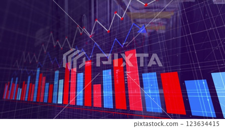 Bar and line graph image over industrial warehouse background Bar and line graph image over industrial warehouse background 123634415