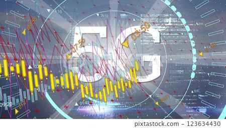 Image of 5g text, financial data processing over grid and dark background Image of 5g text, financial data processing over grid and dark background 123634430