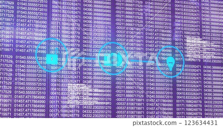 Digital data processing image over binary code and blue icons on purple background 123634431
