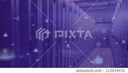 Social media icons image over data center server racks Social media icons image over data center server racks 123634432