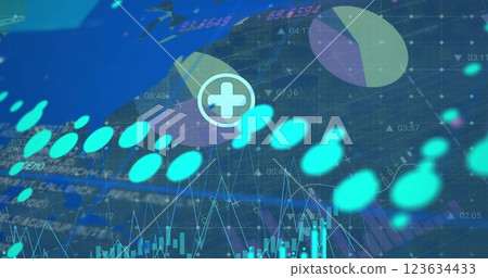 Image of financial data processing over world map and dark background Image of financial data processing over world map and dark background 123634433