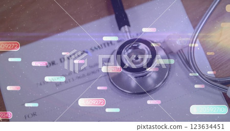 Stethoscope on doctor's letterhead with floating data image Stethoscope on doctor's letterhead with floating data image 123634451