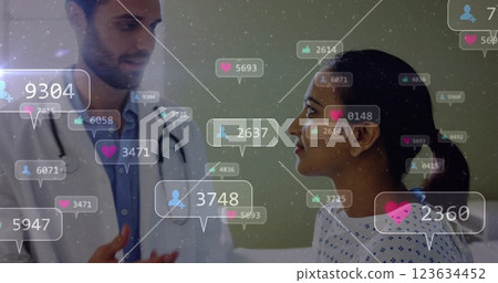 Social media engagement image over doctor and patient in medical consultation Social media engagement image over doctor and patient in medical consultation 123634452