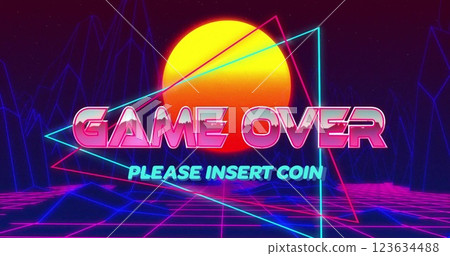 Game Over text and please insert coin over retro neon grid and sunset image 123634488