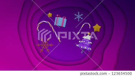 Christmas tree, decorations, gift and candy canes floating over purple background 123634500